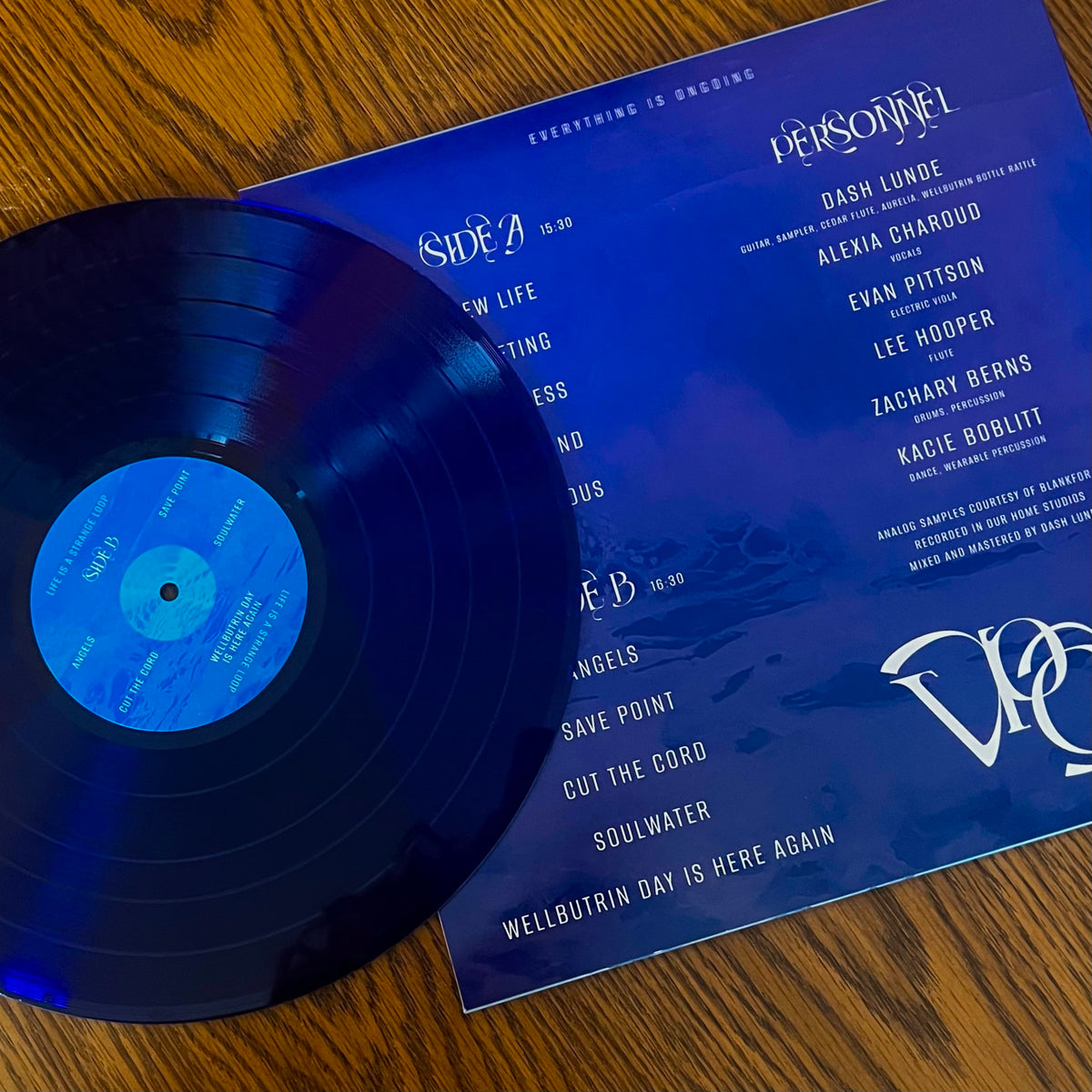 A vinyl record partially pulled from its blue sleeve, photographed on a wooden tabletop. The record is dark blue/black with a bright blue center label, and the sleeve displays the title 'PERSONNEL' and track listing in white text.